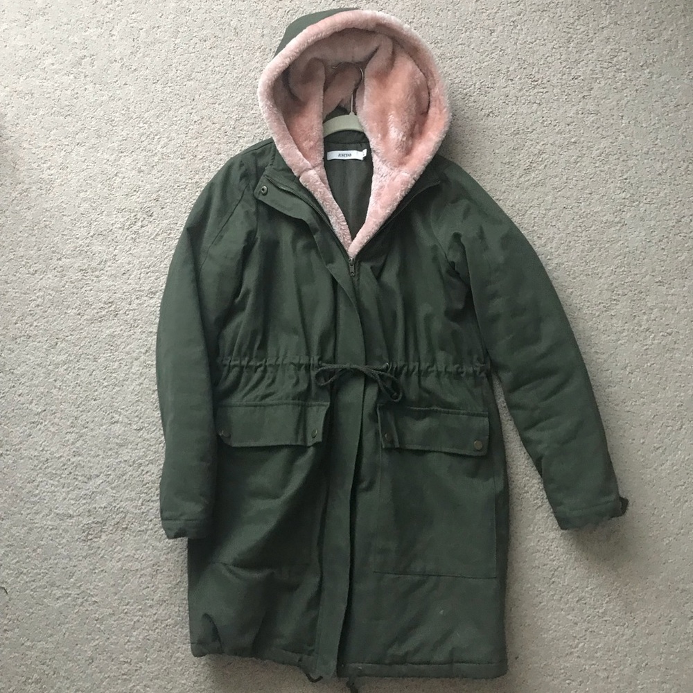 Army green coat with pink lining, size small